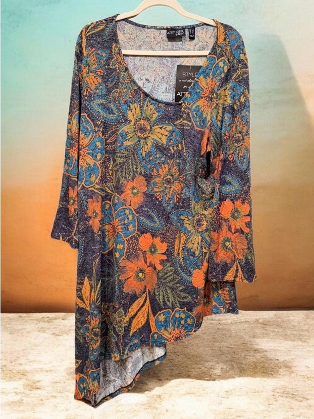 Attitudes by Renee Blue Floral Asymmetrical Tunic with Orange Accents